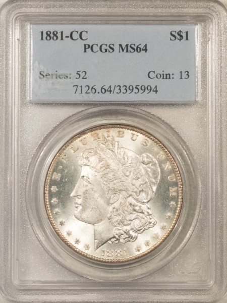 Morgan Dollars 1881-CC $1 MORGAN DOLLAR – PCGS MS-64, BLAST WHITE CARSON CITY!