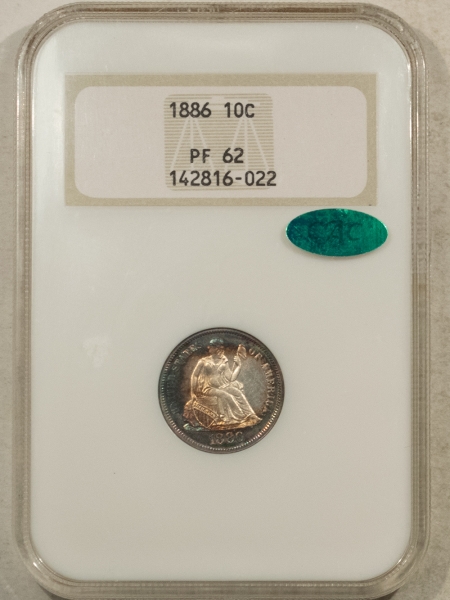 Liberty Seated Dimes 1886 PROOF SEATED LIBERTY DIME NGC PF-62 CAC, FATTIE HOLDER, GORGEOUS PQ++