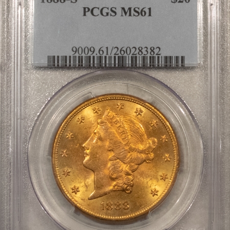 $20 1888-S $20 LIBERTY GOLD DOUBLE EAGLE – PCGS MS-61, PQ COIN, SCRATCH ON HOLDER!