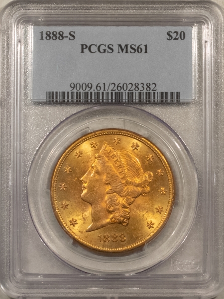 $20 1888-S $20 LIBERTY GOLD DOUBLE EAGLE – PCGS MS-61, PQ COIN, SCRATCH ON HOLDER!