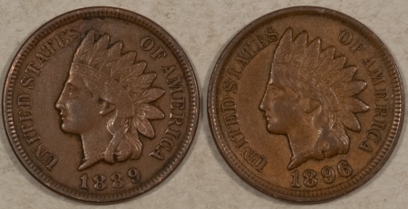 Indian 1889, 1896 INDIAN CENTS, 2 PC LOT – HIGH GRADE EXAMPLE! APPROACHING AU!