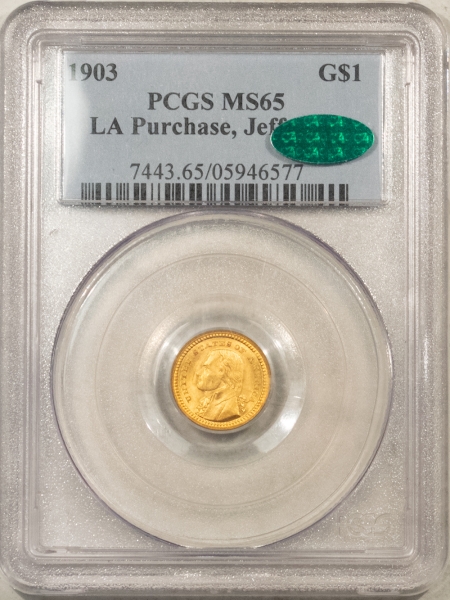 CAC Approved Coins 1903 $1 LA PURCHASE, JEFFERSON GOLD COMMEMORATIVE – PCGS MS-65, CAC, FRESH & PQ!