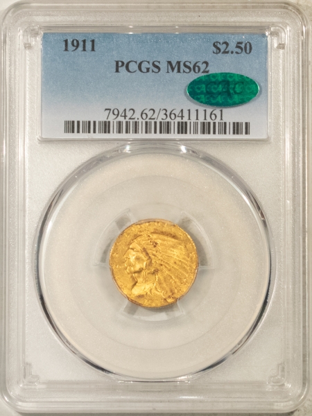 $2.50 1911 $2.50 INDIAN GOLD QUARTER EAGLE – PCGS MS-62, CAC APPROVED!