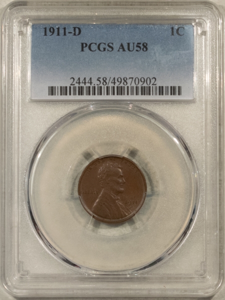 Lincoln Cents (Wheat) 1911-D LINCOLN CENT – PCGS AU-58, SMOOTH!