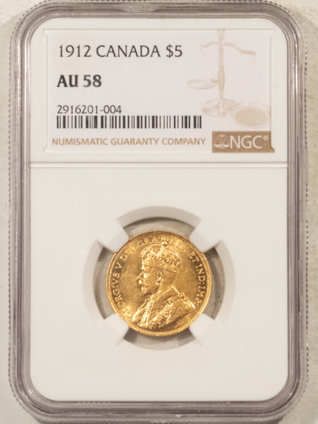 Bullion 1912 CANADA $5 GOLD – NGC AU-58, KM #26, .2419 OZ AGW, FLASHY & NICE