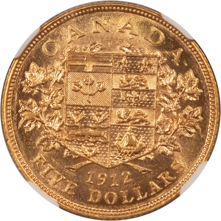 Bullion 1912 CANADA $5 GOLD – NGC AU-58, KM #26, .2419 OZ AGW, FLASHY & NICE