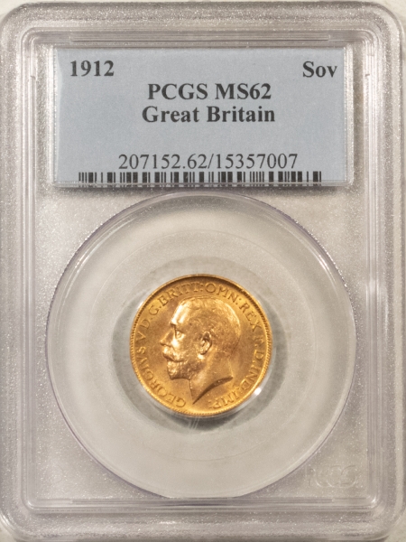 Bullion 1912 GREAT BRITAIN GOLD SOVEREIGN, .2354 OZ AGW, KM-820 – PCGS MS-62, FLASHY