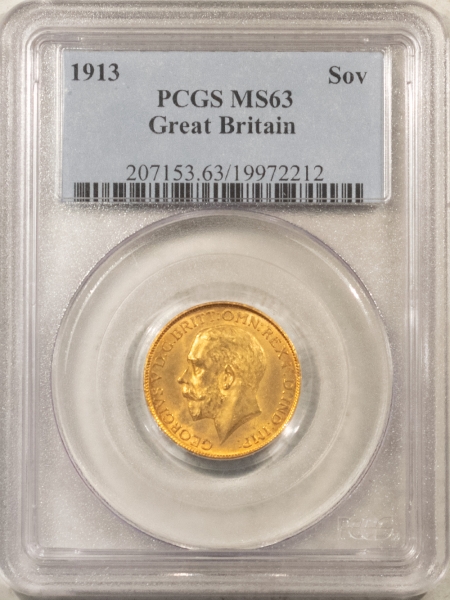 Bullion 1913 GREAT BRITAIN GOLD SOVEREIGN, .2354 OZ AGW, KM-820 – PCGS MS-63, CHOICE!