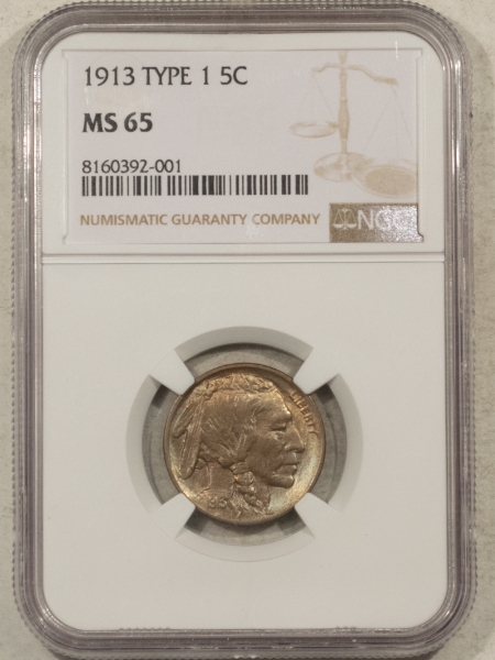 Buffalo Nickels 1913 TYPE 1 BUFFALO NICKEL – NGC MS-65, ORIGINAL GEM!