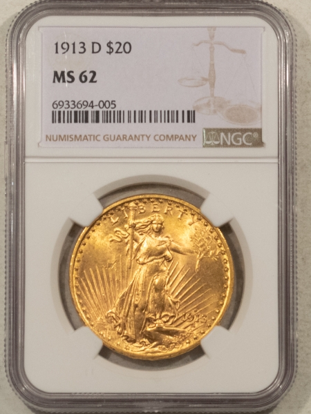 $20 1913-D $20 ST GAUDENS GOLD DOUBLE EAGLE – NGC MS-62, FLASHY LOOKS CHOICE!