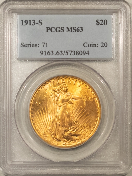 $20 1913-S $20 ST GAUDENS GOLD DOUBLE EAGLE – PCGS MS-63 FLASHY CHOICE, LOW MINTAGE!