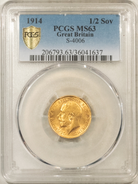 Bullion 1914 GREAT BRITAIN GOLD 1/2 SOVEREIGN, S-4006, KM-814, .1177 AGW – PCGS MS-63