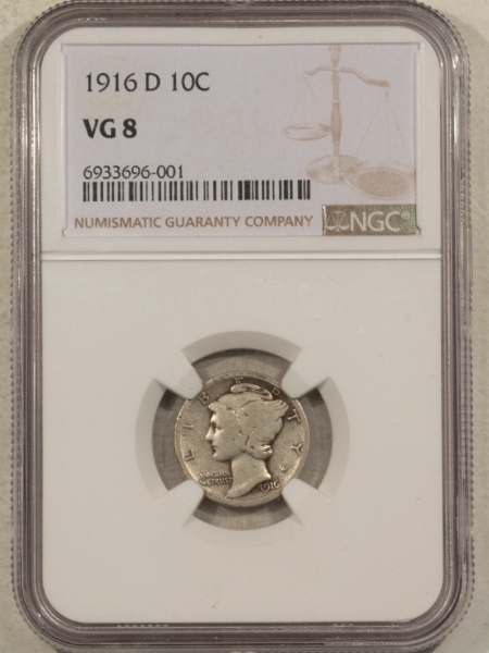 Mercury Dimes 1916-D MERCURY DIME – NGC VG-8, NICE PLEASING KEY-DATE!