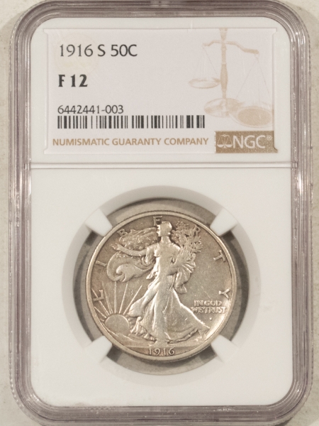 New Certified Coins 1916-S WALKING LIBERTY HALF DOLLAR – NGC F-12, NICE WHOLESOME