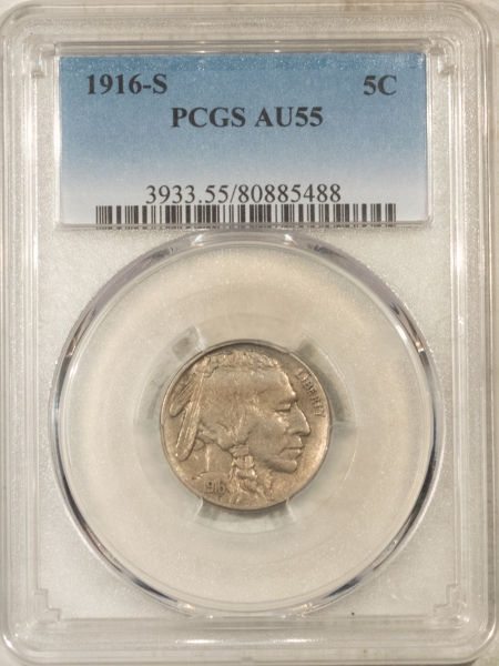 Buffalo Nickels 1916-S BUFFALO NICKEL – PCGS AU-55, TOUGH!