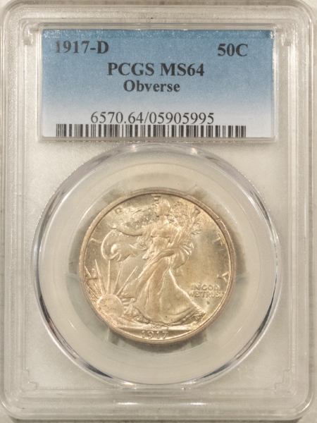 New Certified Coins 1917-D WALKING LIBERTY HALF DOLLAR, OBVERSE – PCGS MS-64, ORIGINAL