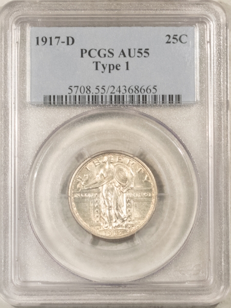 New Certified Coins 1917-D STANDING LIBERTY QUARTER, TY 1 – PCGS AU-55, LOOKS UNC, PREMIUM QUALITY++