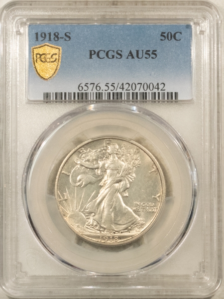 New Certified Coins 1918-S WALKING LIBERTY HALF DOLLAR – PCGS AU-55, LOOKS 58+, PREMIUM QUALITY!