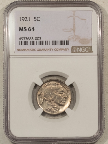 Buffalo Nickels 1921 BUFFALO NICKEL – NGC MS-64, FRESH!