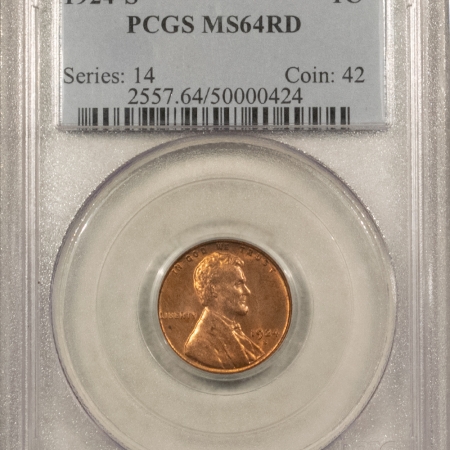 Lincoln Cents (Wheat) 1924-S LINCOLN CENT – PCGS MS-64 RD, RED & SCARCE W/ THIS COLOR!