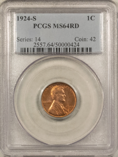 Lincoln Cents (Wheat) 1924-S LINCOLN CENT – PCGS MS-64 RD, RED & SCARCE W/ THIS COLOR!