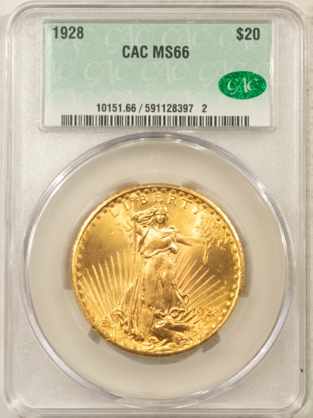 $20 1928 $20 ST GAUDENS DOUBLE EAGLE – CACG MS-66, LOOKS 67! PREMIUM QUALITY! CAC!