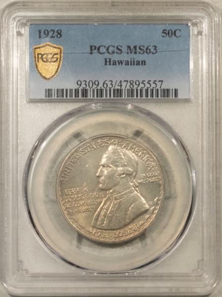 Silver 1928 HAWAIIAN COMMEMORATIVE HALF DOLLAR, PCGS MS-63 NICE COIN, SCRATCH ON HOLDER