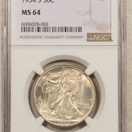 New Certified Coins 1934-S WALKING LIBERTY HALF DOLLAR – NGC MS-64, ORIGINAL WHITE! NICE!