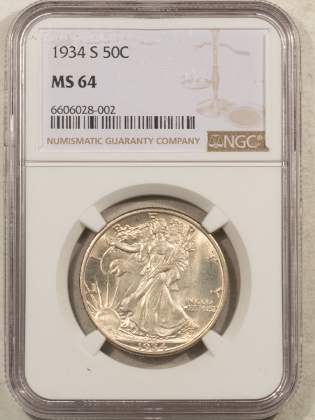 New Certified Coins 1934-S WALKING LIBERTY HALF DOLLAR – NGC MS-64, ORIGINAL WHITE! NICE!