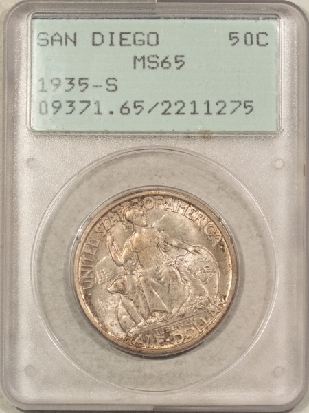 New Certified Coins 1935-S SAN DIEGO COMMEMORATIVE HALF DOLLAR – PCGS MS-65, RATTLER HOLDER, PQ!