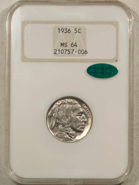 Buffalo Nickels 1936 BUFFALO NICKEL NGC MS-64 CAC APPROVED PREMIUM QUALITY FATTY!