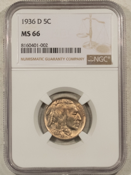 Buffalo Nickels 1936-D BUFFALO NICKEL – NGC MS-66, LUSTROUS!