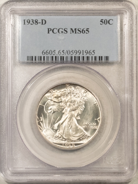 New Certified Coins 1938-D WALKING LIBERTY HALF DOLLAR – PCGS MS-65, WHITE GEM, KEY-DATE!