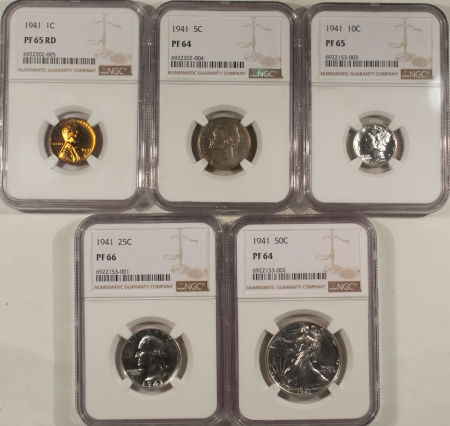 New Certified Coins 1941 5 COIN U.S. SILVER PROOF SET – NGC PF-65RD/64/65/66/64, MATCHED & NICE!