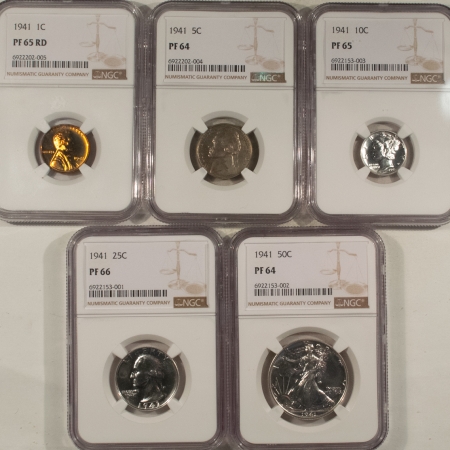 New Certified Coins 1941 5 COIN U.S. SILVER PROOF SET – NGC PF-65RD/64/65/66/64, MATCHED & NICE!