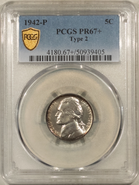 Jefferson Nickels 1942-P PROOF JEFFERSON NICKEL, TYPE 2 – PCGS PR-67+, FRESH & PREMIUM QUALITY!