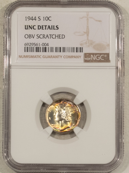 Mercury Dimes 1944-S MERCURY DIME – NGC UNC DETAILS, OBV SCRATCH ON NECK! GORGEOUS GEM!