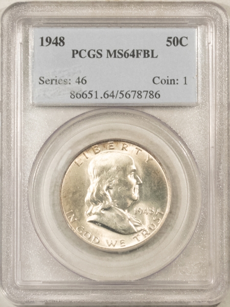 Franklin Halves 1948 FRANKLIN HALF DOLLAR – PCGS MS-64 FBL, LOOKS GEM! PREMIUM QUALITY!