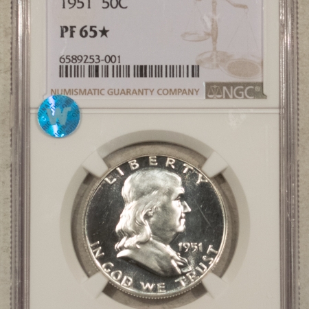 Franklin Halves 1951 PROOF FRANKLIN HALF DOLLAR – NGC PF-65*, STAR! GEM, NEARLY FULL CAMEO!