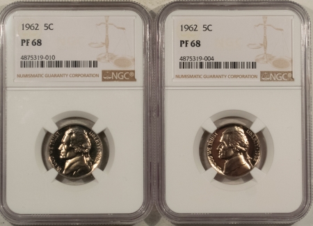 Jefferson Nickels 1962 PROOF JEFFERSON NICKELS, 2 COIN SET – NGC PF-68, CHEAP LOT!