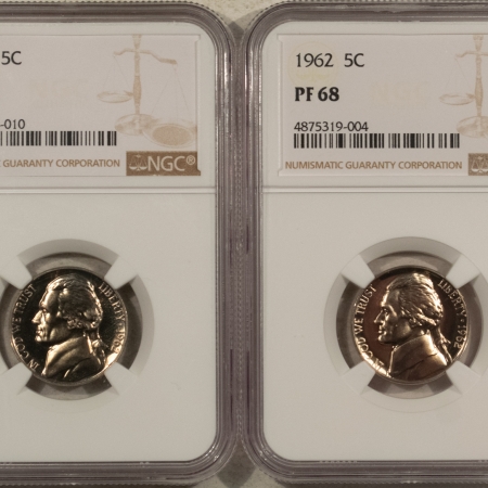 Jefferson Nickels 1962 PROOF JEFFERSON NICKELS, 2 COIN SET – NGC PF-68, CHEAP LOT!