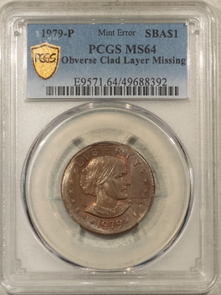 Modern Dollars (Eisenhower/SBA/Sacagewea/Presidential) 1979-P $1 SUSAN B ANTHONY, OBVERSE CLAD LAYER MISSING – PCGS MS-64, NEAT ERROR!