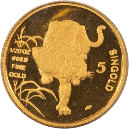 Gold Bullion 1986 SINGAPORE 5 SINGOLD 1/20 OZ YEAR OF THE TIGER, PL BU IN ORIG GOVT PLASTIC