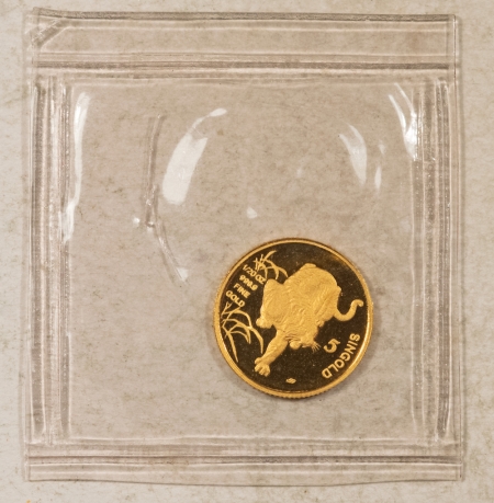 Gold Bullion 1986 SINGAPORE 5 SINGOLD 1/20 OZ YEAR OF THE TIGER, PL BU IN ORIG GOVT PLASTIC