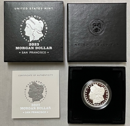 Dollars 2023-S MORGAN SILVER DOLLAR COMMEMORATIVE, GEM PROOF IN ORIGINAL MINT PKG, FRESH