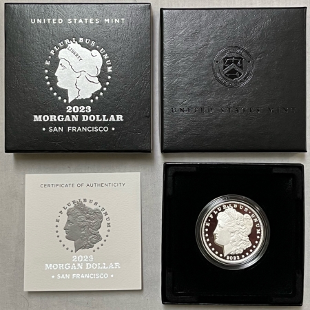 Dollars 2023-S MORGAN SILVER DOLLAR COMMEMORATIVE, GEM PROOF IN ORIGINAL MINT PKG, FRESH