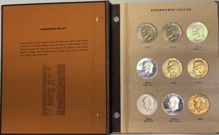 Eisenhower Dollars 1971-1978 32 COIN COMPLETE EISENHOWER DOLLAR SET W/SILVER BU/PR IN DANSCO ALBUM!