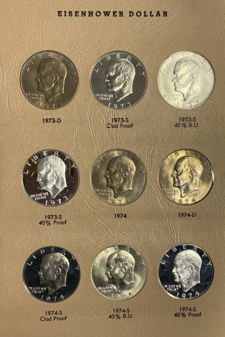 Eisenhower Dollars 1971-1978 32 COIN COMPLETE EISENHOWER DOLLAR SET W/SILVER BU/PR IN DANSCO ALBUM!