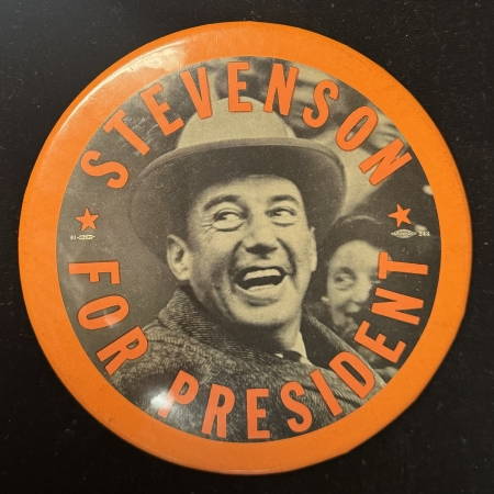 Political 1952 ADLAI STEVENSON 6″ CENTERPIECE CAMPAIGN BUTTON, UNUSUAL, SCARCE & MINT!