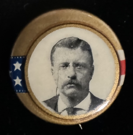 New Store Items 1904 TEDDY ROOSEVELY 7/8″ CAMPAIGN BUTTON, COLOR W/ WHITEHEAD-HOAG BACKPAPER!